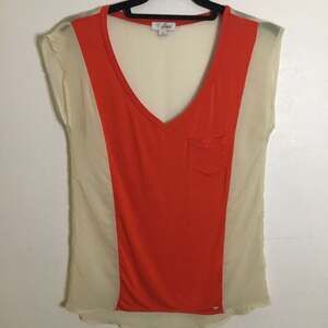 Guess Sleeveless Colorblock Blouse, Orange and Cream Sheer Top, XS